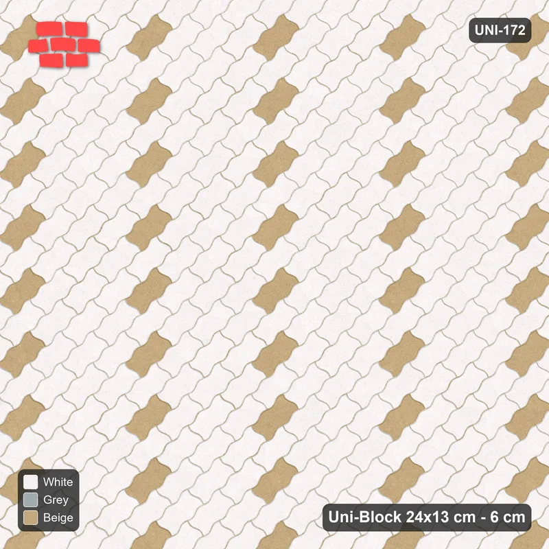 Interlock (Pasco) 24x13 cm · UNI-172 · Diagonal lines of accent pieces every 4, 45-degree lay, kerb frame (Coastal) · Top view Interlock (Pasco) 24x13 cm · UNI-172 · Diagonal lines of accent pieces every 4, 45-degree lay, kerb frame (Coastal) · Top view