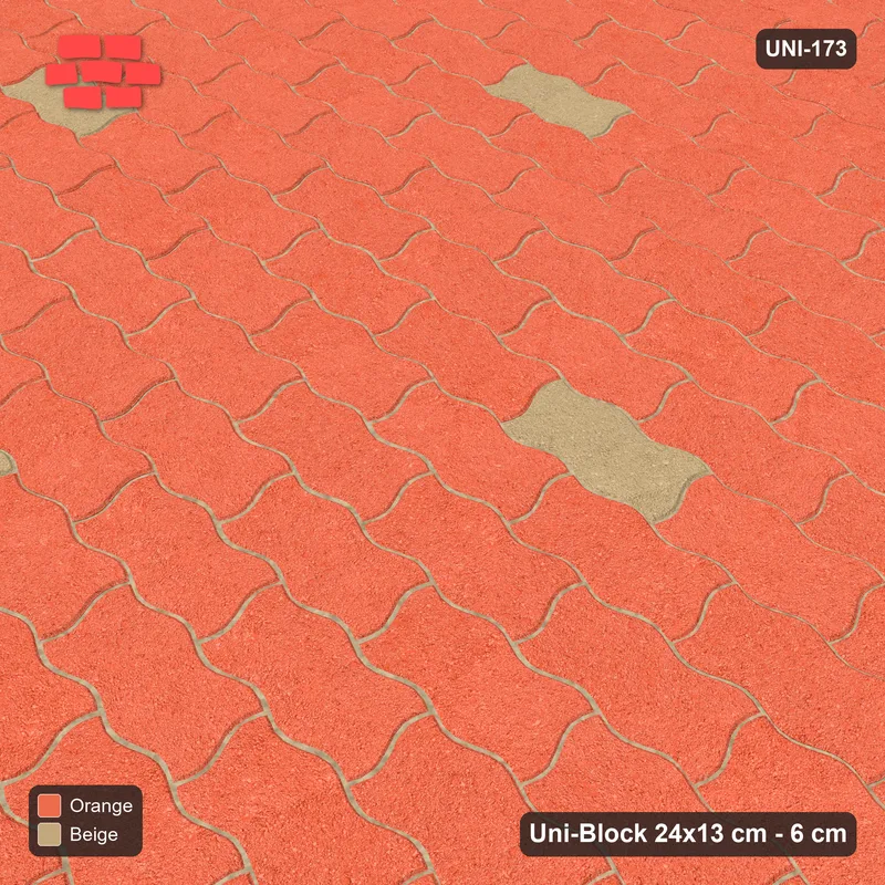 Interlock (Pasco) 24x13 cm · UNI-173 · Scattered accent pieces, one in every 5x5, straight lay, kerb frame (Clay Court) · Side view Interlock (Pasco) 24x13 cm · UNI-173 · Scattered accent pieces, one in every 5x5, straight lay, kerb frame (Clay Court) · Side view