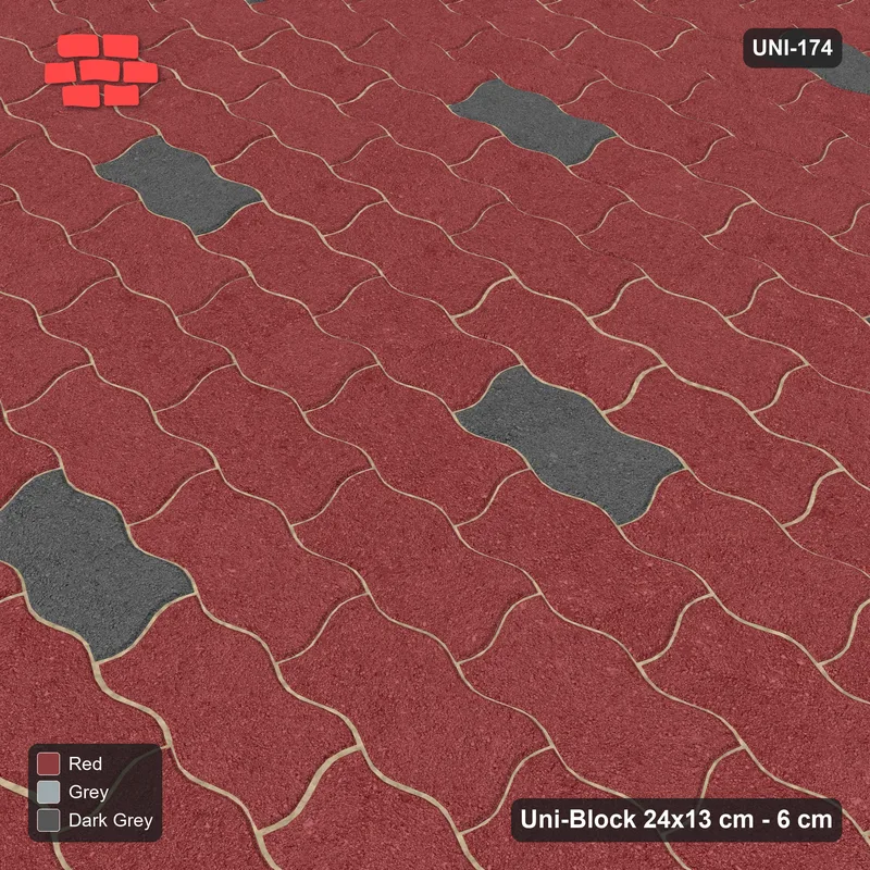 Interlock (Pasco) 24x13 cm · UNI-174 · Scattered accent pieces, one in every 3x4, straight lay (Urban Brick) · Side view Interlock (Pasco) 24x13 cm · UNI-174 · Scattered accent pieces, one in every 3x4, straight lay (Urban Brick) · Side view