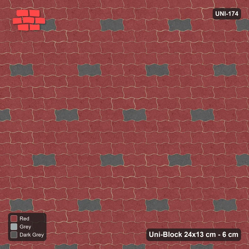 Interlock (Pasco) 24x13 cm · UNI-174 · Scattered accent pieces, one in every 3x4, straight lay (Urban Brick) · Top view Interlock (Pasco) 24x13 cm · UNI-174 · Scattered accent pieces, one in every 3x4, straight lay (Urban Brick) · Top view