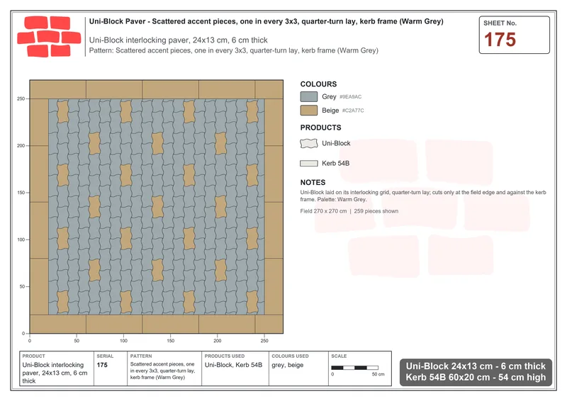 Interlock (Pasco) 24x13 cm · UNI-175 · Scattered accent pieces, one in every 3x3, quarter-turn lay, kerb frame (Warm Grey) · Laying plan