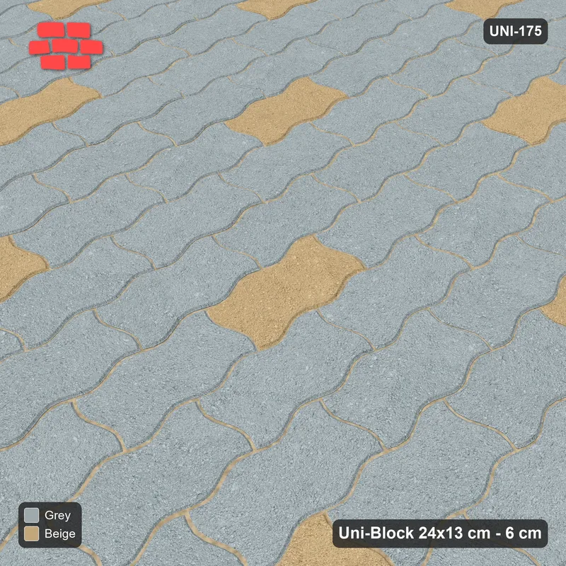 Interlock (Pasco) 24x13 cm · UNI-175 · Scattered accent pieces, one in every 3x3, quarter-turn lay, kerb frame (Warm Grey) · Side view Interlock (Pasco) 24x13 cm · UNI-175 · Scattered accent pieces, one in every 3x3, quarter-turn lay, kerb frame (Warm Grey) · Side view