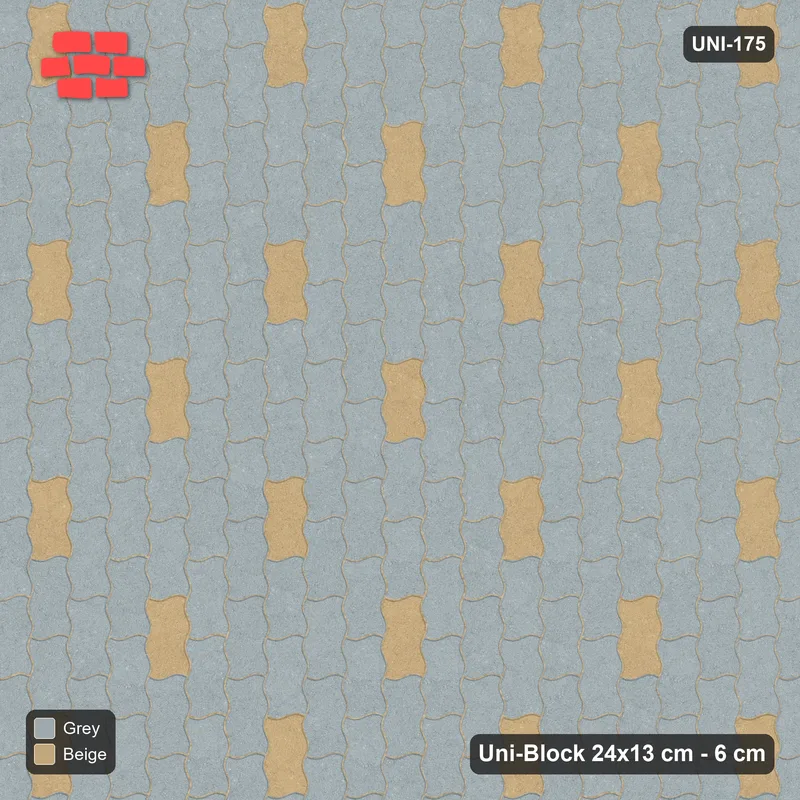 Interlock (Pasco) 24x13 cm · UNI-175 · Scattered accent pieces, one in every 3x3, quarter-turn lay, kerb frame (Warm Grey) · Top view Interlock (Pasco) 24x13 cm · UNI-175 · Scattered accent pieces, one in every 3x3, quarter-turn lay, kerb frame (Warm Grey) · Top view
