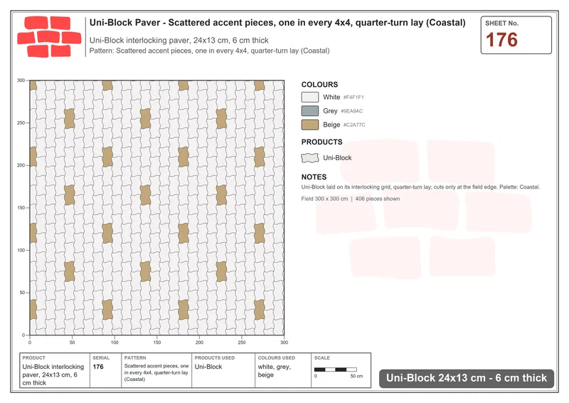 Interlock (Pasco) 24x13 cm · UNI-176 · Scattered accent pieces, one in every 4x4, quarter-turn lay (Coastal) · Laying plan