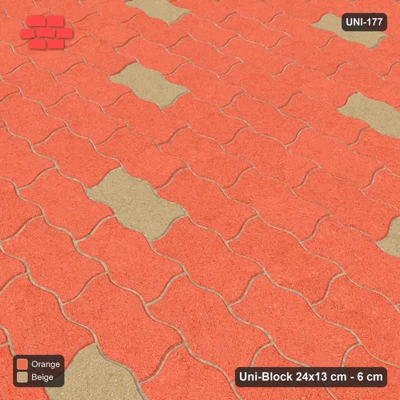 Interlock (Pasco) 24x13 cm · UNI-177 · Scattered accent pieces, one in every 4x3, straight lay, kerb frame (Clay Court) · Side view Interlock (Pasco) 24x13 cm · UNI-177 · Scattered accent pieces, one in every 4x3, straight lay, kerb frame (Clay Court) · Side view