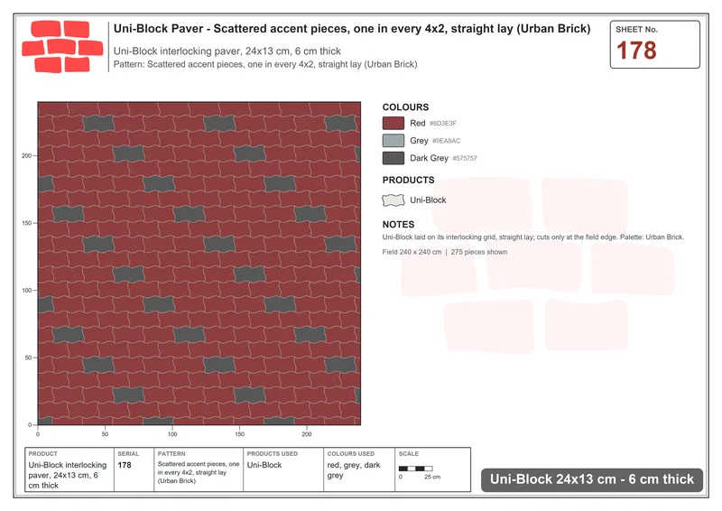 Interlock (Pasco) 24x13 cm · UNI-178 · Scattered accent pieces, one in every 4x2, straight lay (Urban Brick) · Laying plan