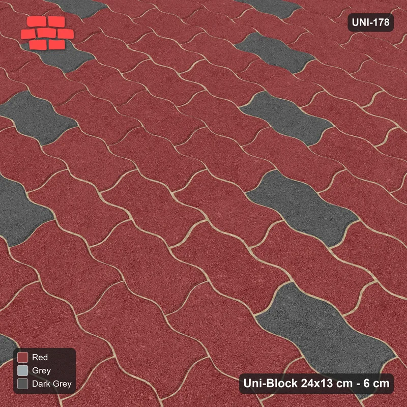 Interlock (Pasco) 24x13 cm · UNI-178 · Scattered accent pieces, one in every 4x2, straight lay (Urban Brick) · Side view Interlock (Pasco) 24x13 cm · UNI-178 · Scattered accent pieces, one in every 4x2, straight lay (Urban Brick) · Side view
