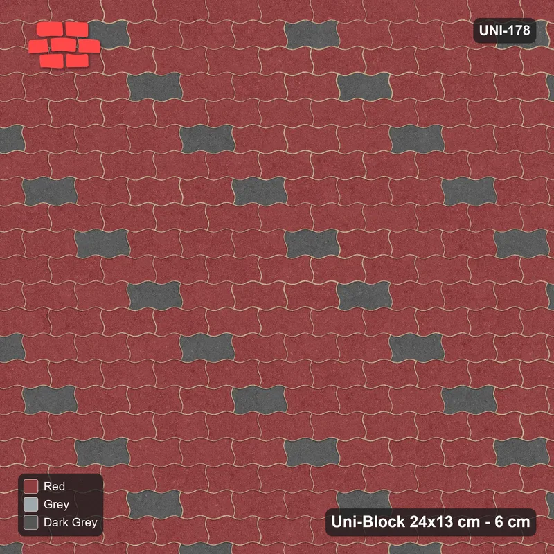 Interlock (Pasco) 24x13 cm · UNI-178 · Scattered accent pieces, one in every 4x2, straight lay (Urban Brick) · Top view Interlock (Pasco) 24x13 cm · UNI-178 · Scattered accent pieces, one in every 4x2, straight lay (Urban Brick) · Top view
