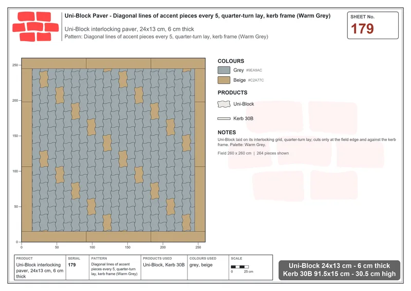 Interlock (Pasco) 24x13 cm · UNI-179 · Diagonal lines of accent pieces every 5, quarter-turn lay, kerb frame (Warm Grey) · Laying plan