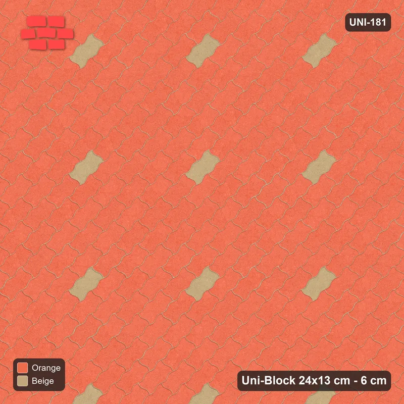 Interlock (Pasco) 24x13 cm · UNI-181 · Scattered accent pieces, one in every 5x5, 45-degree lay, kerb frame (Clay Court) · Top view Interlock (Pasco) 24x13 cm · UNI-181 · Scattered accent pieces, one in every 5x5, 45-degree lay, kerb frame (Clay Court) · Top view