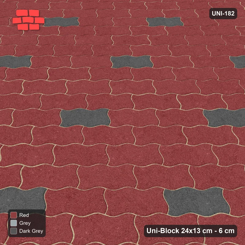 Interlock (Pasco) 24x13 cm · UNI-182 · Scattered accent pieces, one in every 3x4, 45-degree lay (Urban Brick) · Side view Interlock (Pasco) 24x13 cm · UNI-182 · Scattered accent pieces, one in every 3x4, 45-degree lay (Urban Brick) · Side view