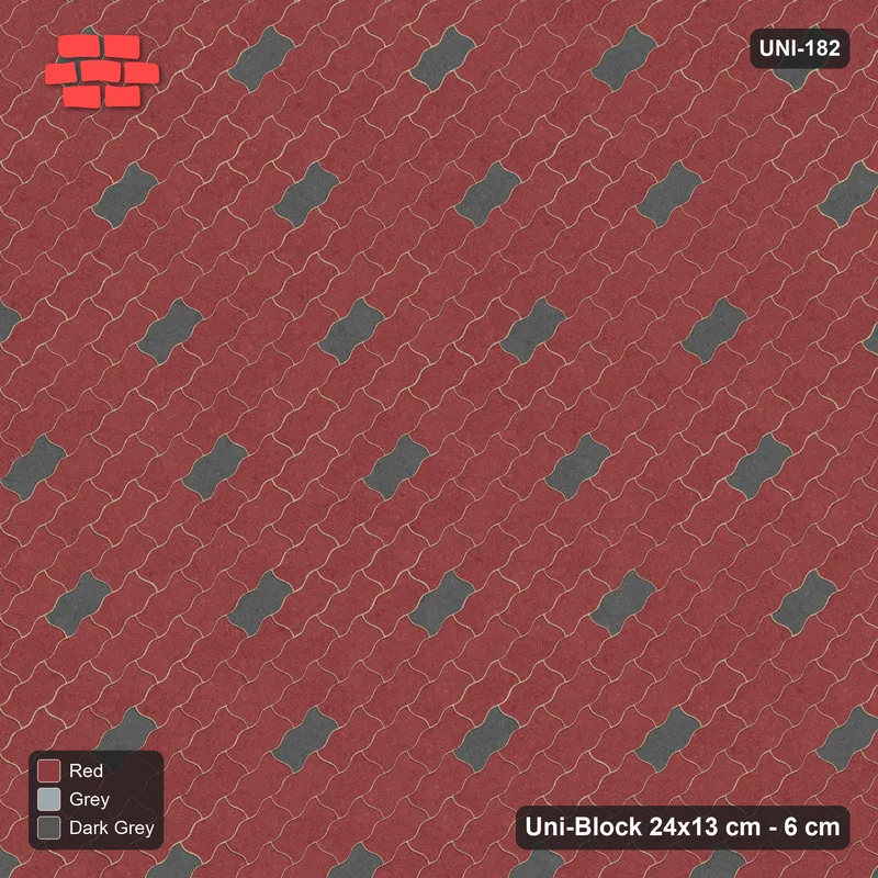 Interlock (Pasco) 24x13 cm · UNI-182 · Scattered accent pieces, one in every 3x4, 45-degree lay (Urban Brick) · Top view Interlock (Pasco) 24x13 cm · UNI-182 · Scattered accent pieces, one in every 3x4, 45-degree lay (Urban Brick) · Top view