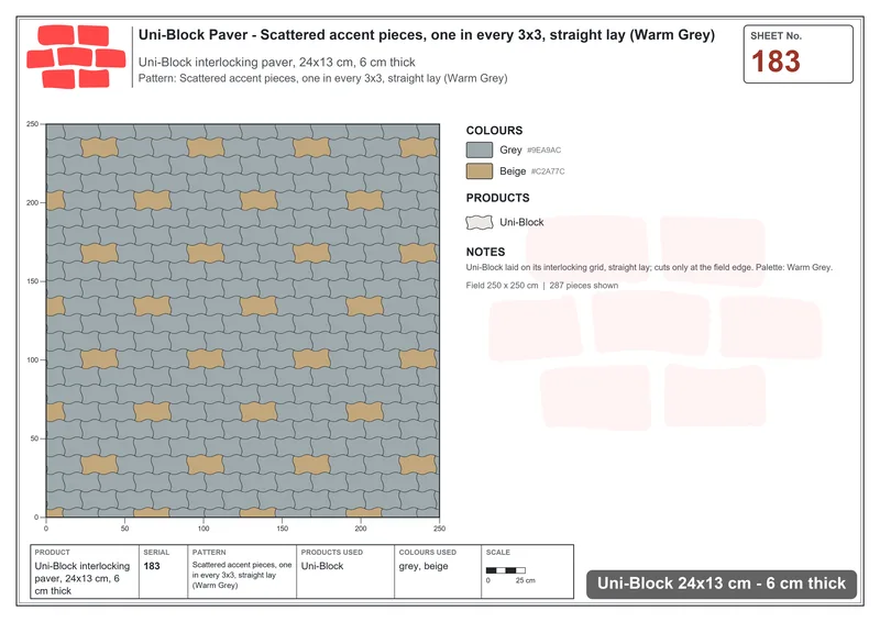 Interlock (Pasco) 24x13 cm · UNI-183 · Scattered accent pieces, one in every 3x3, straight lay (Warm Grey) · Laying plan