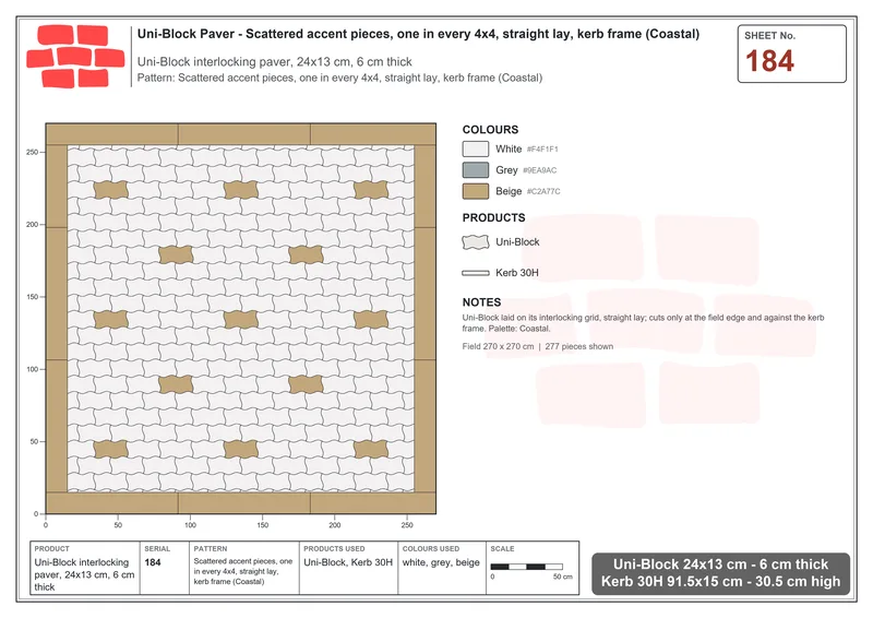 Interlock (Pasco) 24x13 cm · UNI-184 · Scattered accent pieces, one in every 4x4, straight lay, kerb frame (Coastal) · Laying plan