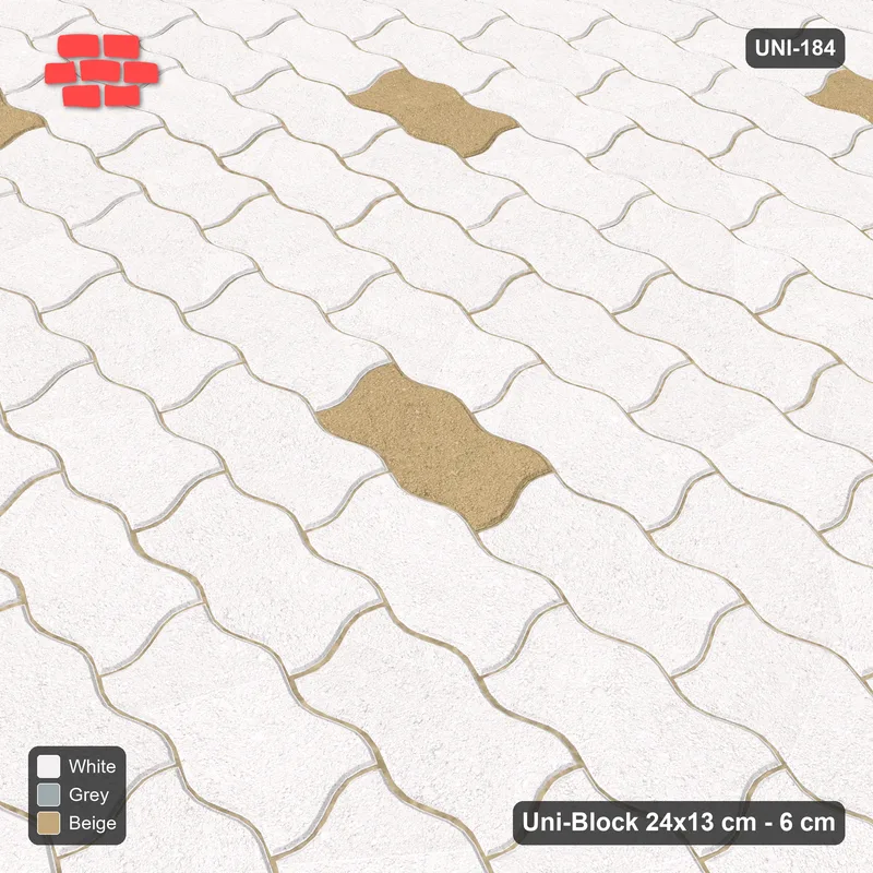 Interlock (Pasco) 24x13 cm · UNI-184 · Scattered accent pieces, one in every 4x4, straight lay, kerb frame (Coastal) · Side view Interlock (Pasco) 24x13 cm · UNI-184 · Scattered accent pieces, one in every 4x4, straight lay, kerb frame (Coastal) · Side view