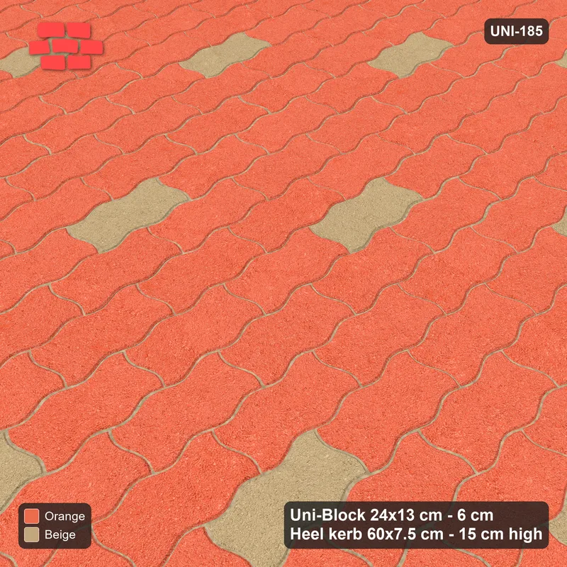 Interlock (Pasco) 24x13 cm · UNI-185 · Scattered accent pieces, one in every 4x3, quarter-turn lay, kerb frame (Clay Court) · Side view Interlock (Pasco) 24x13 cm · UNI-185 · Scattered accent pieces, one in every 4x3, quarter-turn lay, kerb frame (Clay Court) · Side view
