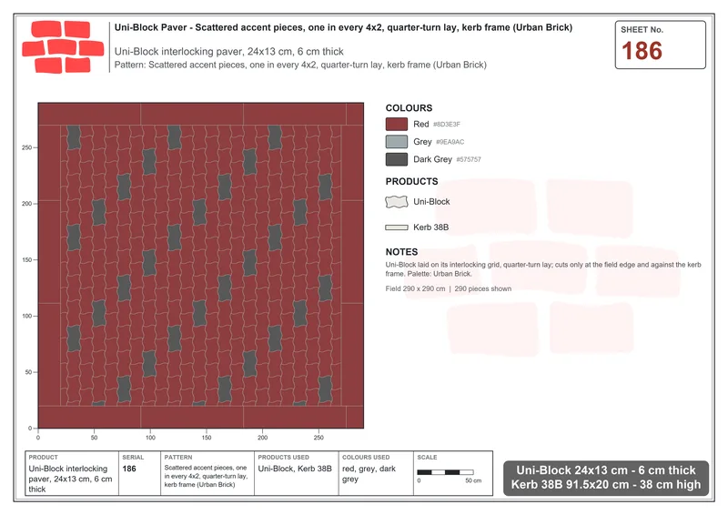 Interlock (Pasco) 24x13 cm · UNI-186 · Scattered accent pieces, one in every 4x2, quarter-turn lay, kerb frame (Urban Brick) · Laying plan