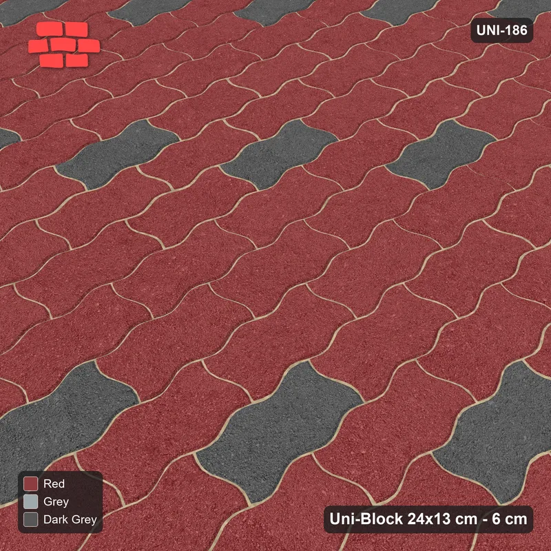 Interlock (Pasco) 24x13 cm · UNI-186 · Scattered accent pieces, one in every 4x2, quarter-turn lay, kerb frame (Urban Brick) · Side view Interlock (Pasco) 24x13 cm · UNI-186 · Scattered accent pieces, one in every 4x2, quarter-turn lay, kerb frame (Urban Brick) · Side view