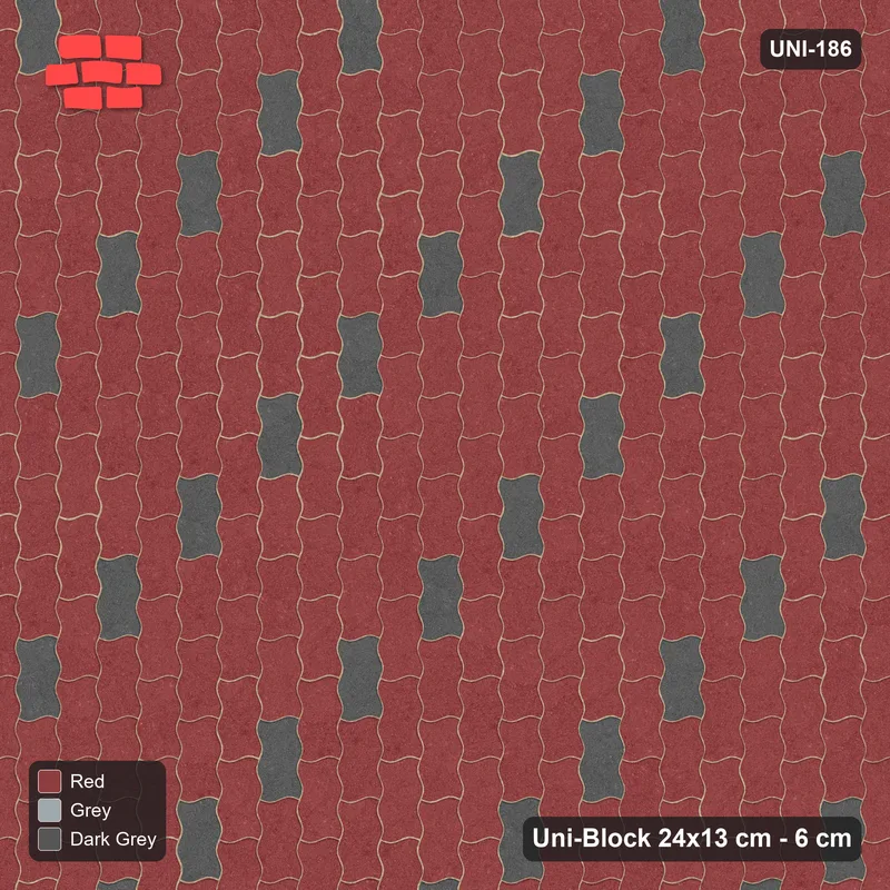 Interlock (Pasco) 24x13 cm · UNI-186 · Scattered accent pieces, one in every 4x2, quarter-turn lay, kerb frame (Urban Brick) · Top view Interlock (Pasco) 24x13 cm · UNI-186 · Scattered accent pieces, one in every 4x2, quarter-turn lay, kerb frame (Urban Brick) · Top view