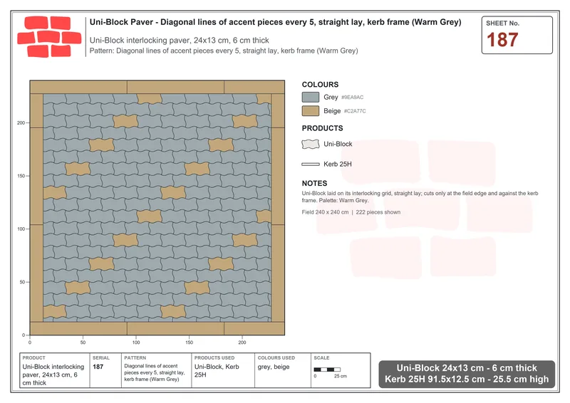 Interlock (Pasco) 24x13 cm · UNI-187 · Diagonal lines of accent pieces every 5, straight lay, kerb frame (Warm Grey) · Laying plan