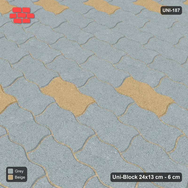 Interlock (Pasco) 24x13 cm · UNI-187 · Diagonal lines of accent pieces every 5, straight lay, kerb frame (Warm Grey) · Side view Interlock (Pasco) 24x13 cm · UNI-187 · Diagonal lines of accent pieces every 5, straight lay, kerb frame (Warm Grey) · Side view