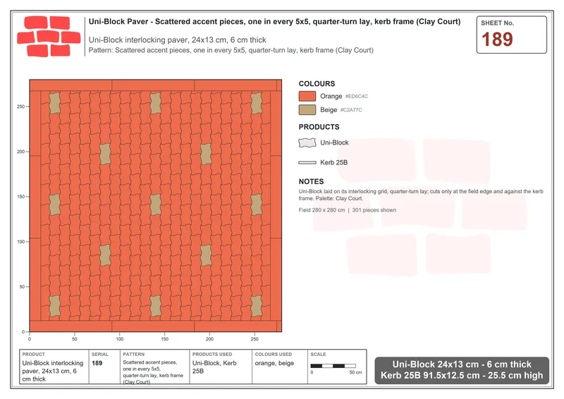 Interlock (Pasco) 24x13 cm · UNI-189 · Scattered accent pieces, one in every 5x5, quarter-turn lay, kerb frame (Clay Court) · Laying plan