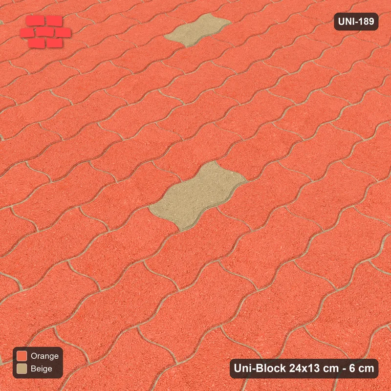 Interlock (Pasco) 24x13 cm · UNI-189 · Scattered accent pieces, one in every 5x5, quarter-turn lay, kerb frame (Clay Court) · Side view Interlock (Pasco) 24x13 cm · UNI-189 · Scattered accent pieces, one in every 5x5, quarter-turn lay, kerb frame (Clay Court) · Side view