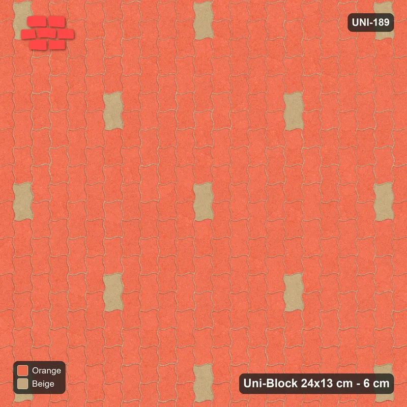Interlock (Pasco) 24x13 cm · UNI-189 · Scattered accent pieces, one in every 5x5, quarter-turn lay, kerb frame (Clay Court) · Top view Interlock (Pasco) 24x13 cm · UNI-189 · Scattered accent pieces, one in every 5x5, quarter-turn lay, kerb frame (Clay Court) · Top view