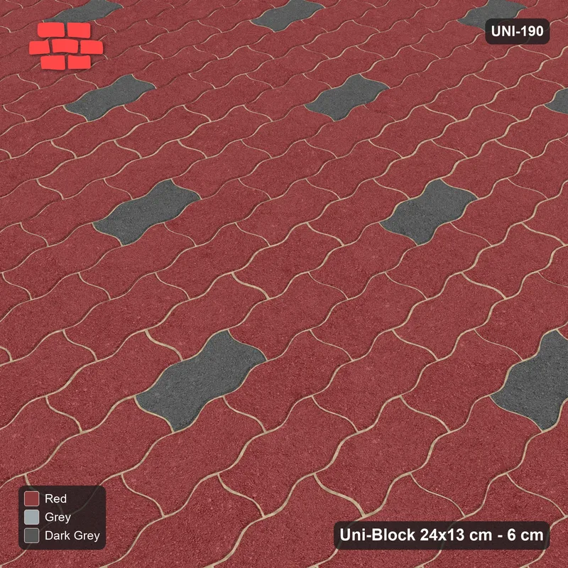Interlock (Pasco) 24x13 cm · UNI-190 · Scattered accent pieces, one in every 3x4, quarter-turn lay (Urban Brick) · Side view Interlock (Pasco) 24x13 cm · UNI-190 · Scattered accent pieces, one in every 3x4, quarter-turn lay (Urban Brick) · Side view