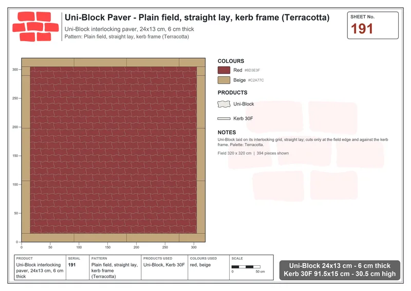 Interlock (Pasco) 24x13 cm · UNI-191 · Plain field, straight lay, kerb frame (Terracotta) · Laying plan