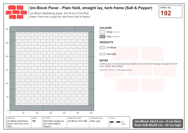Interlock (Pasco) 24x13 cm · UNI-192 · Plain field, straight lay, kerb frame (Salt & Pepper) · Laying plan