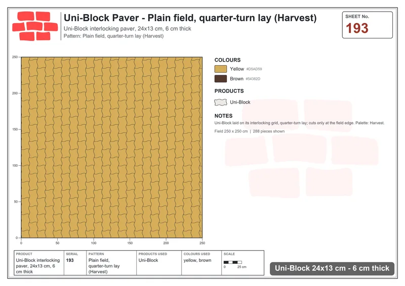 Interlock (Pasco) 24x13 cm · UNI-193 · Plain field, quarter-turn lay (Harvest) · Laying plan