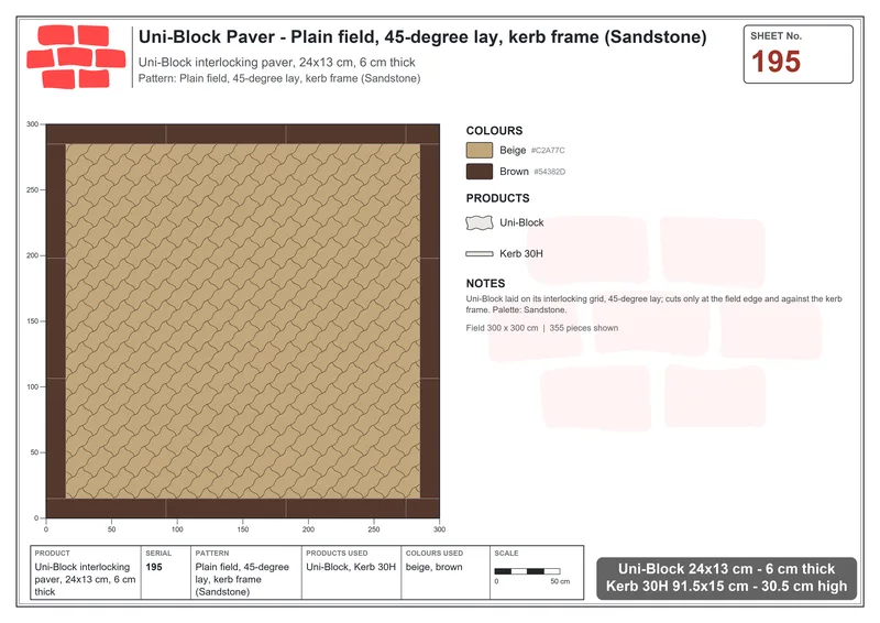 Interlock (Pasco) 24x13 cm · UNI-195 · Plain field, 45-degree lay, kerb frame (Sandstone) · Laying plan