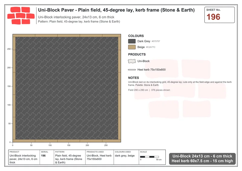 Interlock (Pasco) 24x13 cm · UNI-196 · Plain field, 45-degree lay, kerb frame (Stone & Earth) · Laying plan