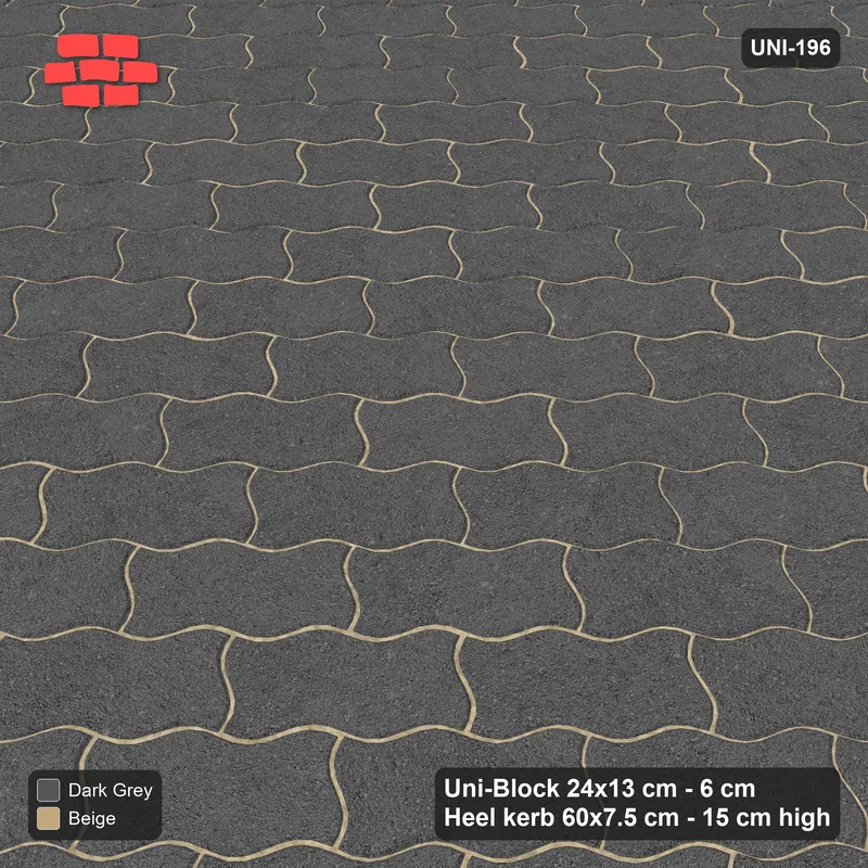 Interlock (Pasco) 24x13 cm · UNI-196 · Plain field, 45-degree lay, kerb frame (Stone & Earth) · Side view Interlock (Pasco) 24x13 cm · UNI-196 · Plain field, 45-degree lay, kerb frame (Stone & Earth) · Side view