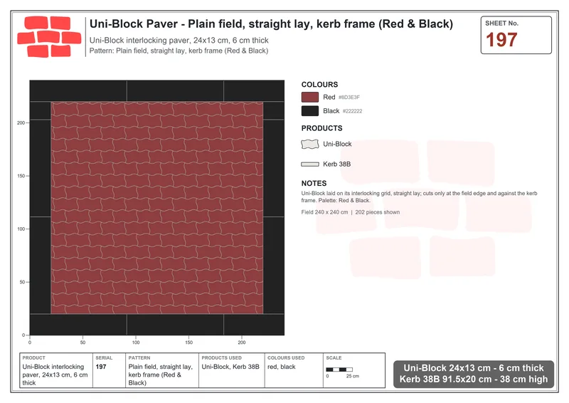 Interlock (Pasco) 24x13 cm · UNI-197 · Plain field, straight lay, kerb frame (Red & Black) · Laying plan