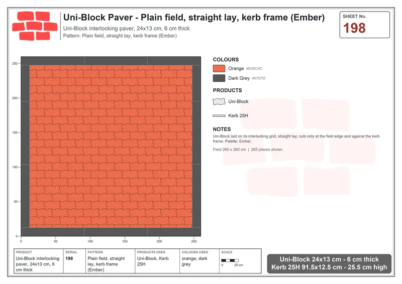Interlock (Pasco) 24x13 cm · UNI-198 · Plain field, straight lay, kerb frame (Ember) · Laying plan