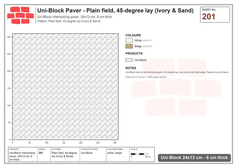 Interlock (Pasco) 24x13 cm · UNI-201 · Plain field, 45-degree lay (Ivory & Sand) · Laying plan