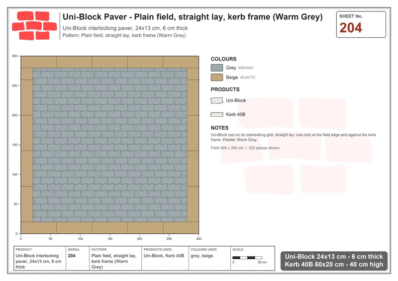Interlock (Pasco) 24x13 cm · UNI-204 · Plain field, straight lay, kerb frame (Warm Grey) · Laying plan