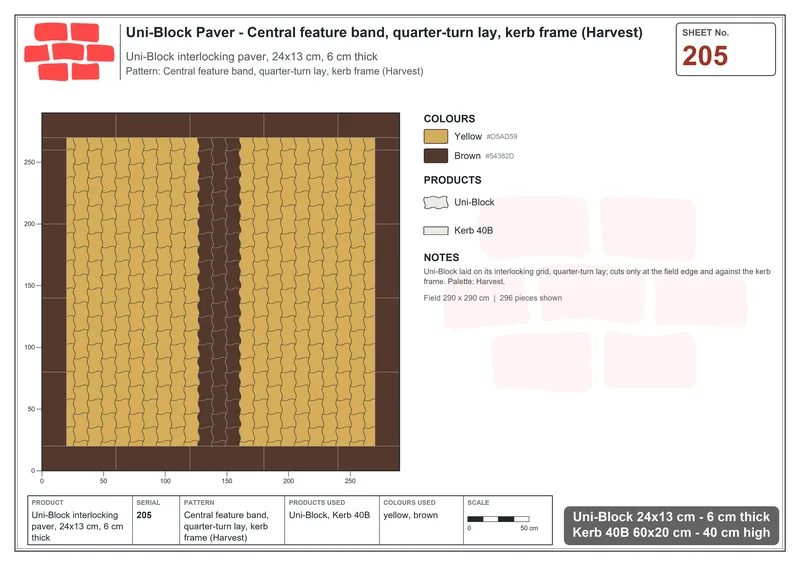 Interlock (Pasco) 24x13 cm · UNI-205 · Central feature band, quarter-turn lay, kerb frame (Harvest) · Laying plan