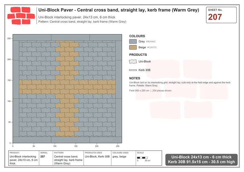 Interlock (Pasco) 24x13 cm · UNI-207 · Central cross band, straight lay, kerb frame (Warm Grey) · Laying plan