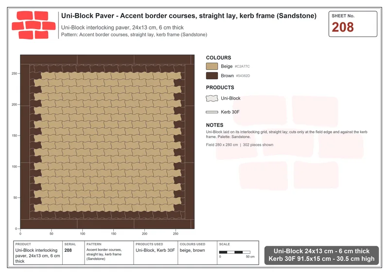 Interlock (Pasco) 24x13 cm · UNI-208 · Accent border courses, straight lay, kerb frame (Sandstone) · Laying plan