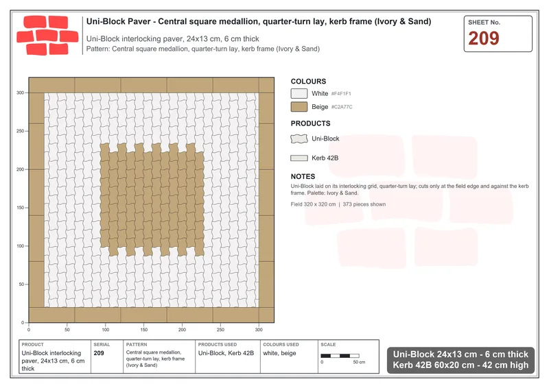 Interlock (Pasco) 24x13 cm · UNI-209 · Central square medallion, quarter-turn lay, kerb frame (Ivory & Sand) · Laying plan
