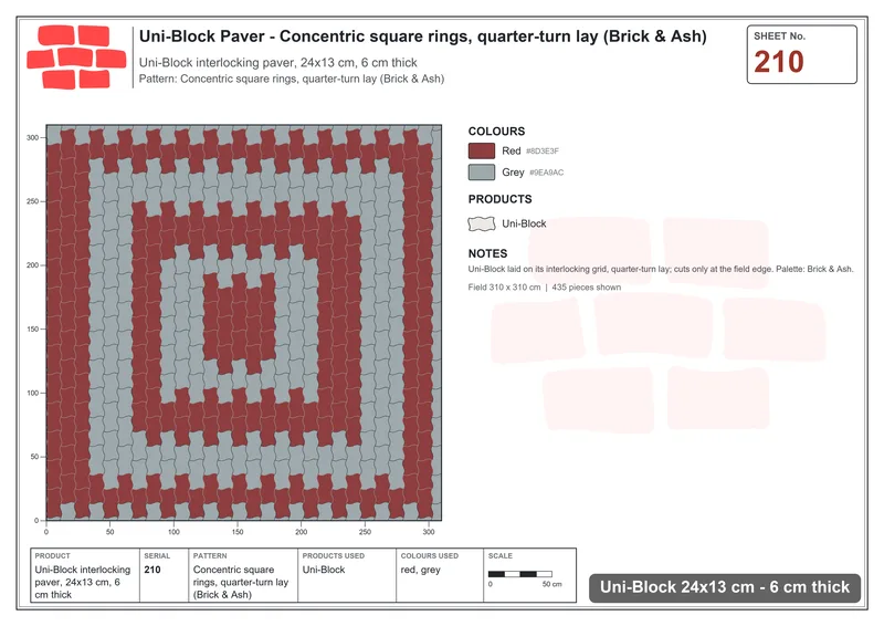 Interlock (Pasco) 24x13 cm · UNI-210 · Concentric square rings, quarter-turn lay (Brick & Ash) · Laying plan