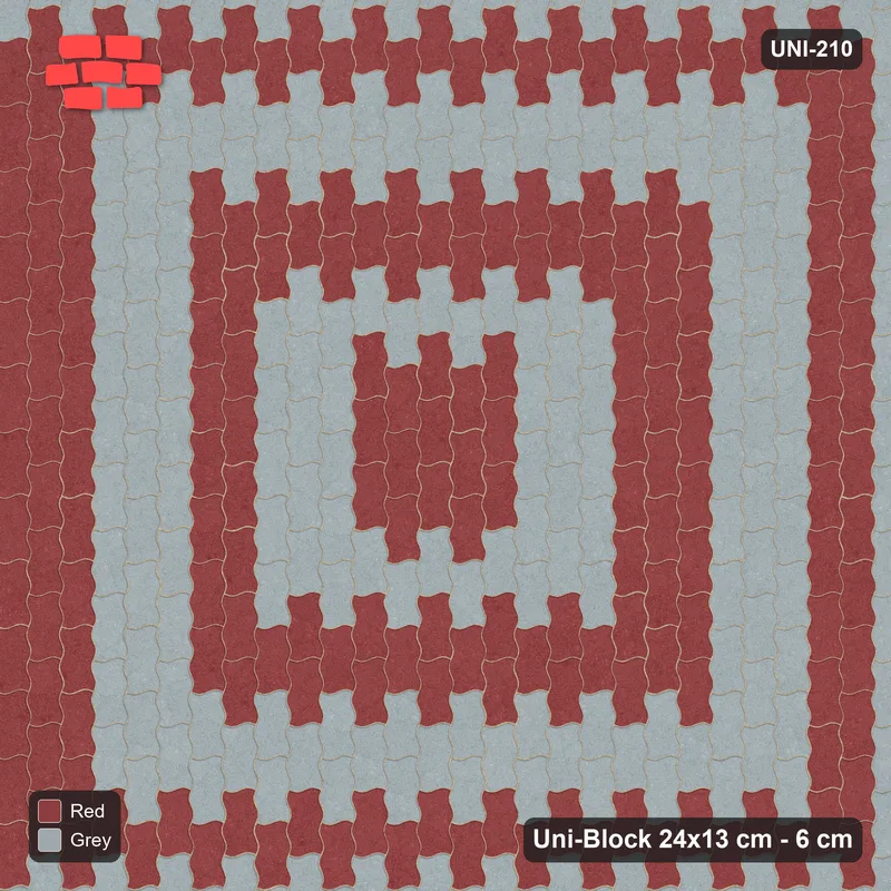 Interlock (Pasco) 24x13 cm · UNI-210 · Concentric square rings, quarter-turn lay (Brick & Ash) · Top view Interlock (Pasco) 24x13 cm · UNI-210 · Concentric square rings, quarter-turn lay (Brick & Ash) · Top view