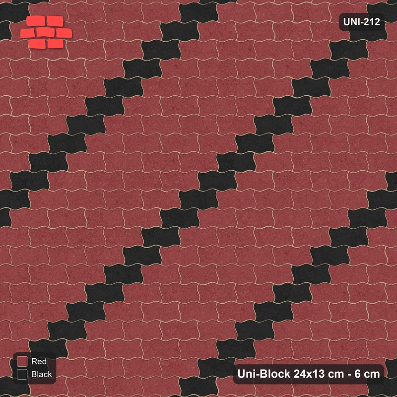 Interlock (Pasco) 24x13 cm · UNI-212 · Diagonal accent stripes (1 in 5), straight lay, kerb frame (Red & Black) · Top view Interlock (Pasco) 24x13 cm · UNI-212 · Diagonal accent stripes (1 in 5), straight lay, kerb frame (Red & Black) · Top view