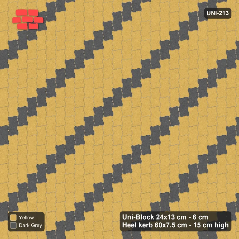 Interlock (Pasco) 24x13 cm · UNI-213 · Mirrored diagonal accent stripes (1 in 4), quarter-turn lay, kerb frame (Mustard Slate) · Top view Interlock (Pasco) 24x13 cm · UNI-213 · Mirrored diagonal accent stripes (1 in 4), quarter-turn lay, kerb frame (Mustard Slate) · Top view