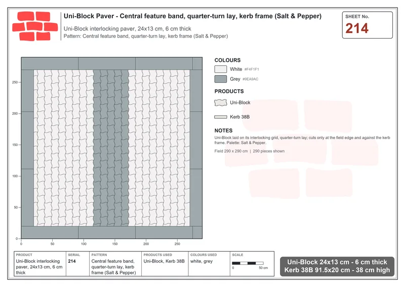 Interlock (Pasco) 24x13 cm · UNI-214 · Central feature band, quarter-turn lay, kerb frame (Salt & Pepper) · Laying plan