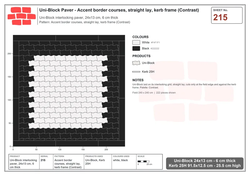 Interlock (Pasco) 24x13 cm · UNI-215 · Accent border courses, straight lay, kerb frame (Contrast) · Laying plan
