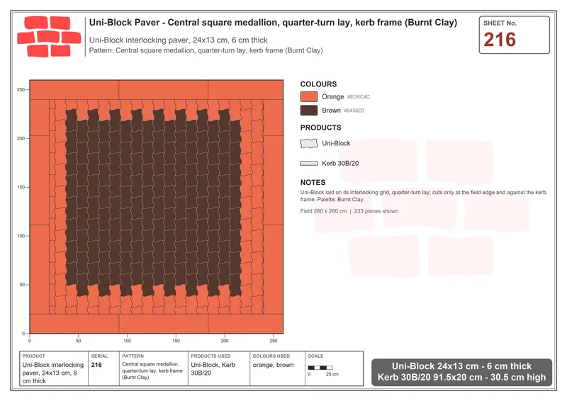 Interlock (Pasco) 24x13 cm · UNI-216 · Central square medallion, quarter-turn lay, kerb frame (Burnt Clay) · Laying plan